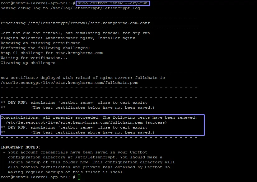 Terminal: sudo certbot renew –dry-run simula la renovación y termina con «Congratulations, all renewals succeeded»