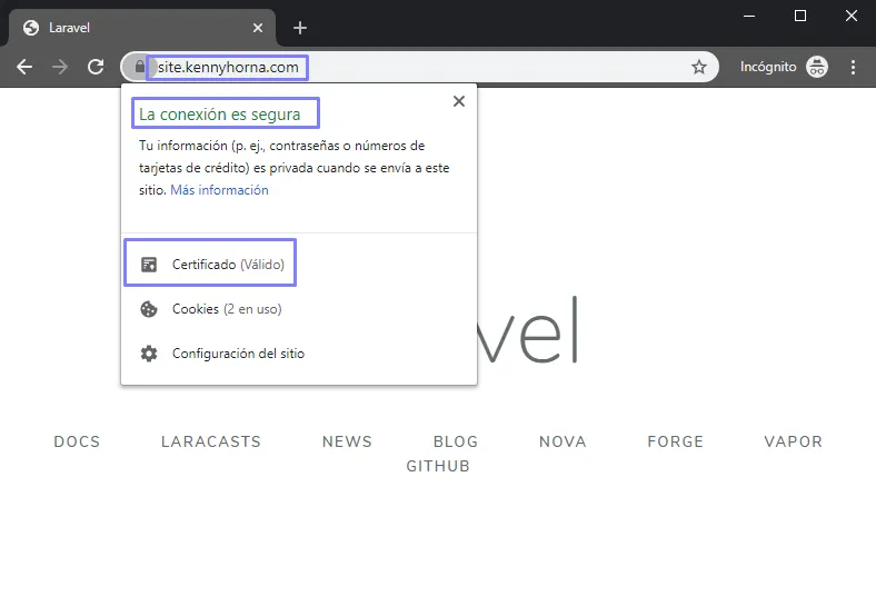 Chrome abriendo site.kennyhorna.com con el candado: «La conexión es segura» y el certificado figura como válido