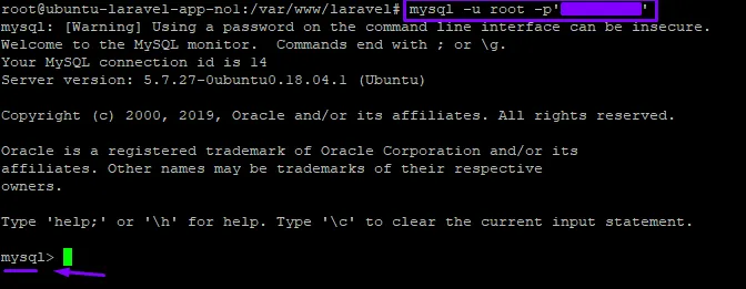 Consola de MySQL tras iniciar sesión como root, con el prompt mysql> esperando comandos