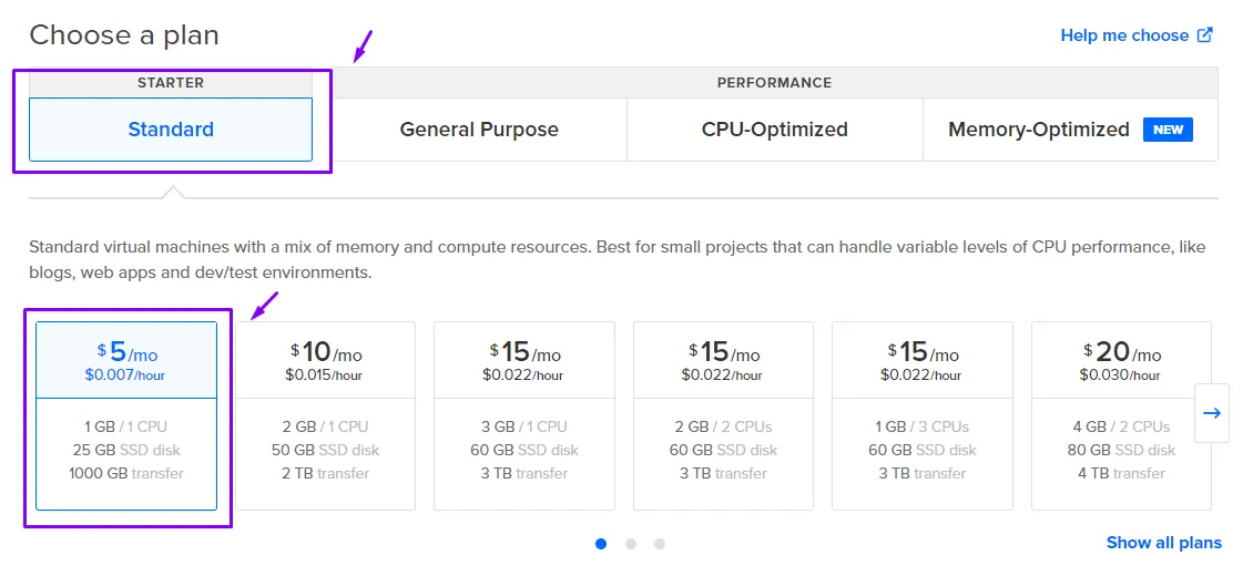 Plan Standard de 5 USD al mes con 1 GB de RAM, 1 CPU y 25 GB de disco SSD seleccionado en DigitalOcean