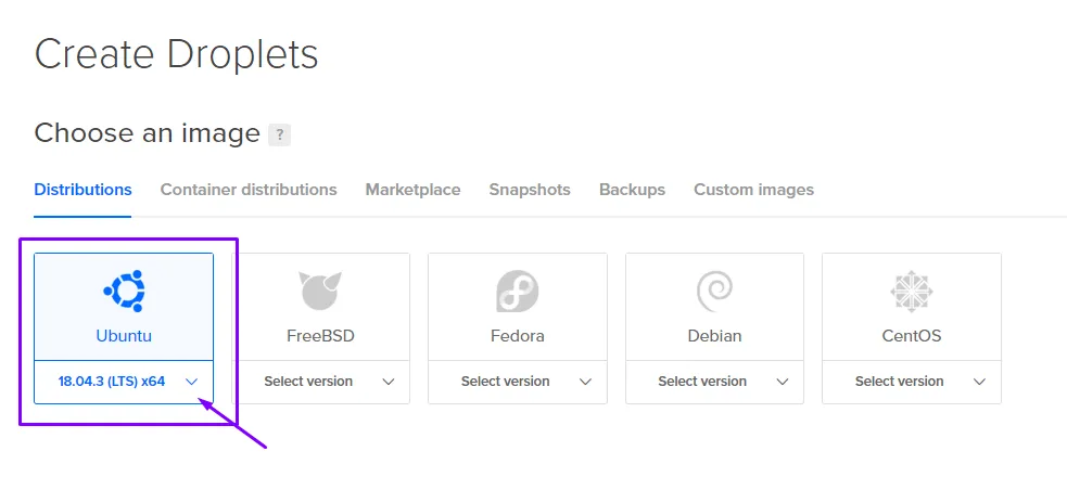 Panel “Create Droplets” de DigitalOcean con Ubuntu 18.04.3 (LTS) x64 seleccionado como imagen