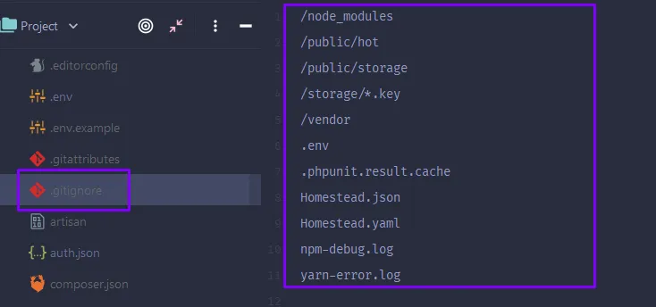 Archivo .gitignore por defecto de Laravel abierto en el editor, con /vendor, /node_modules y .env en la lista