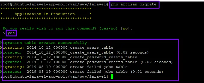 Salida de php artisan migrate en producción: se confirma con yes y se crean las tablas por defecto