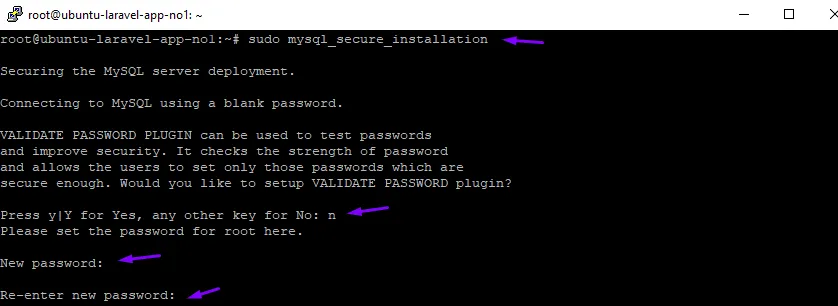 Terminal ejecutando mysql_secure_installation: se omite el plugin de validación y se pide la nueva contraseña de root