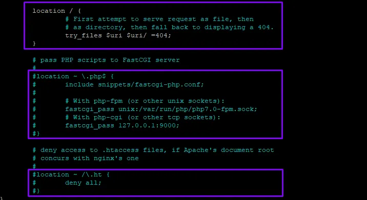 Los tres bloques location del archivo por defecto: el principal y los dos comentados, para PHP y para los archivos .htaccess
