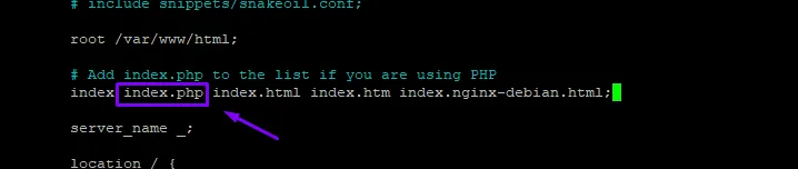 index.php añadido al inicio de la directiva index en la configuración de Nginx