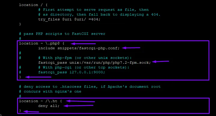 Los bloques location de PHP y de .htaccess ya descomentados, con el socket de php7.2-fpm