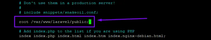 Directiva root apuntando a /var/www/laravel/public
