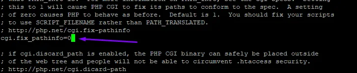 Línea cgi.fix_pathinfo=0 ya descomentada en el php.ini, abierto en Nano