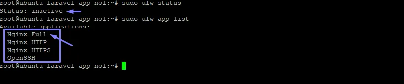Terminal: ufw status devuelve «inactive» y ufw app list muestra los perfiles Nginx Full, Nginx HTTP, Nginx HTTPS y OpenSSH