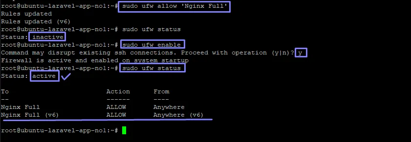 Terminal: tras permitir Nginx Full y activar ufw, el estado pasa a «active» con Nginx Full permitido en IPv4 e IPv6
