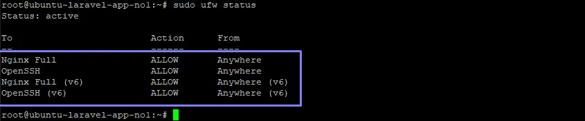 Terminal: ufw status muestra Nginx Full y OpenSSH permitidos desde cualquier origen, en IPv4 e IPv6