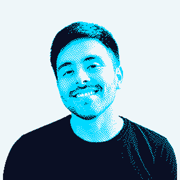 Portrait of Kenny Horna, dithered in cyan and night blue