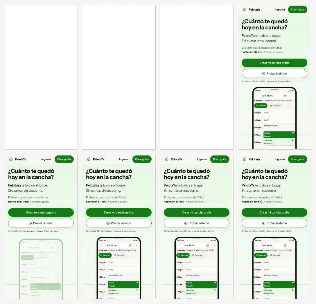 Two rows of four Lighthouse frames of the PelotaYa landing on mobile. Before: the page is still blank at 1.9 seconds and only shows up at 2.25. After: the headline and buttons are there from the first frame at 375 ms