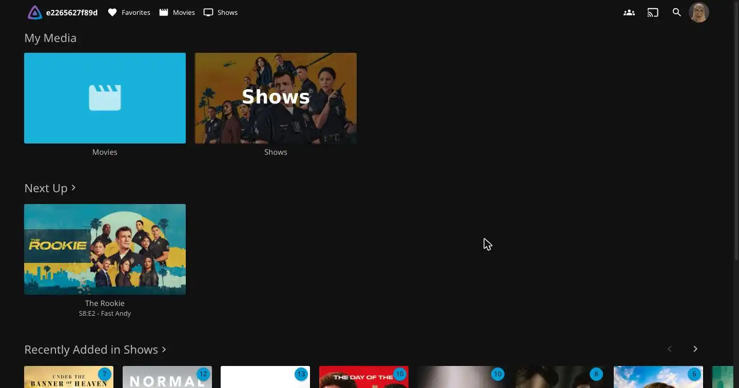 Jellyfin's home screen, with Movies and Shows libraries, The Rookie under Next Up and a row of recently added shows