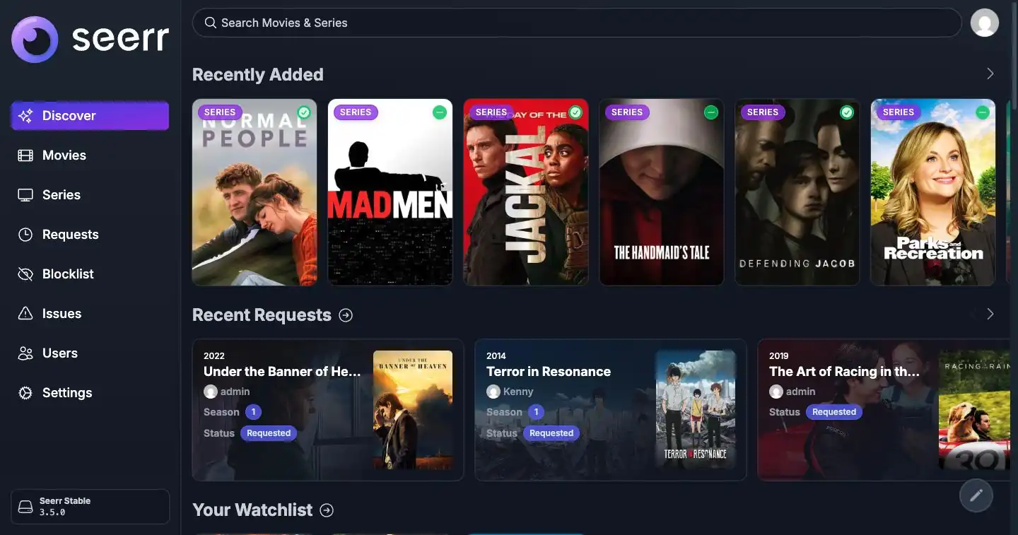 Seerr's Discover page: recently added series like Normal People, Mad Men and The Handmaid's Tale, and a row of recent requests