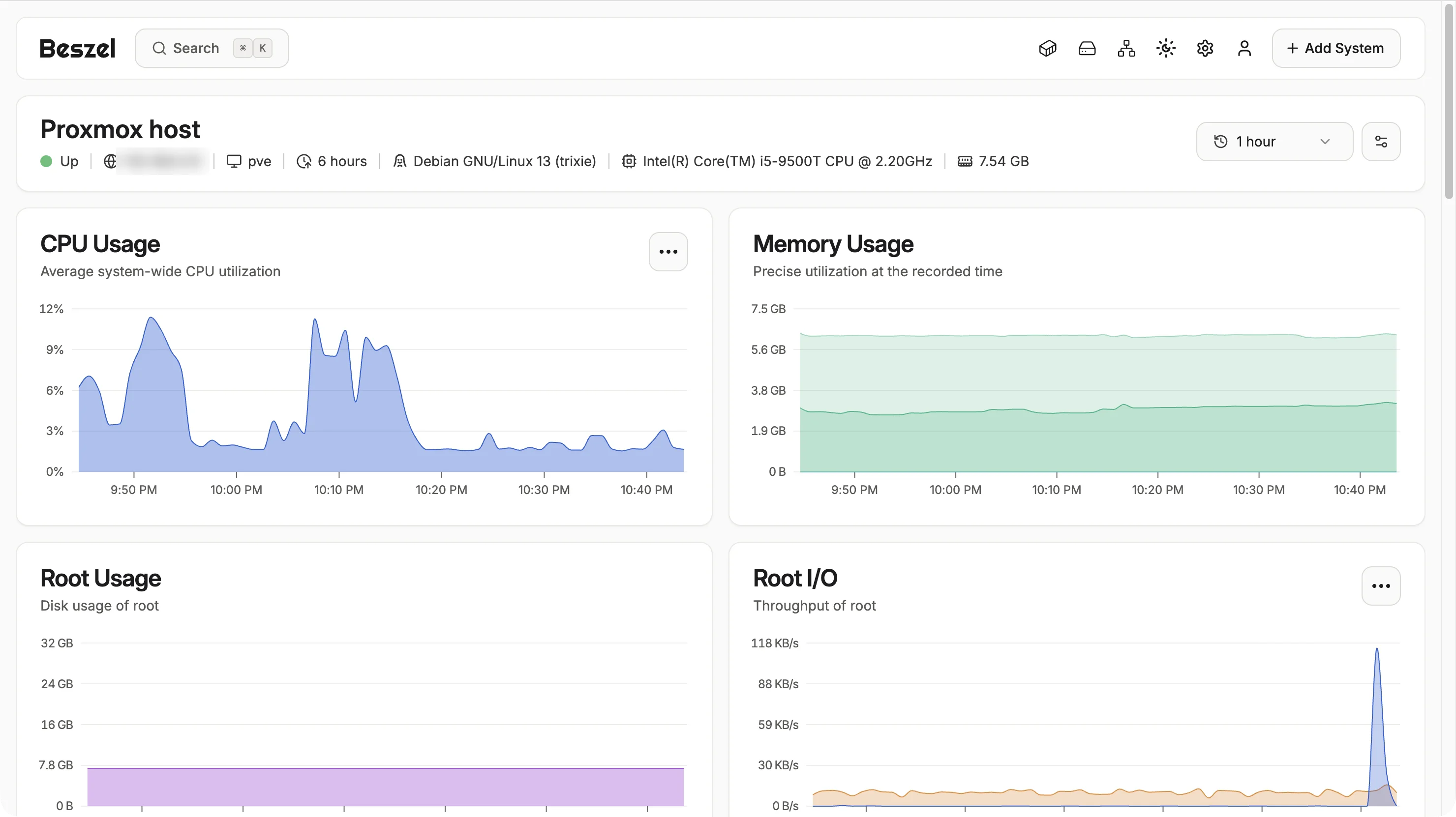 Beszel's page for the Proxmox host: an i5-9500T with 7.54 GB of RAM, CPU mostly under 3% over the last hour with a few spikes to 11%, and memory flat