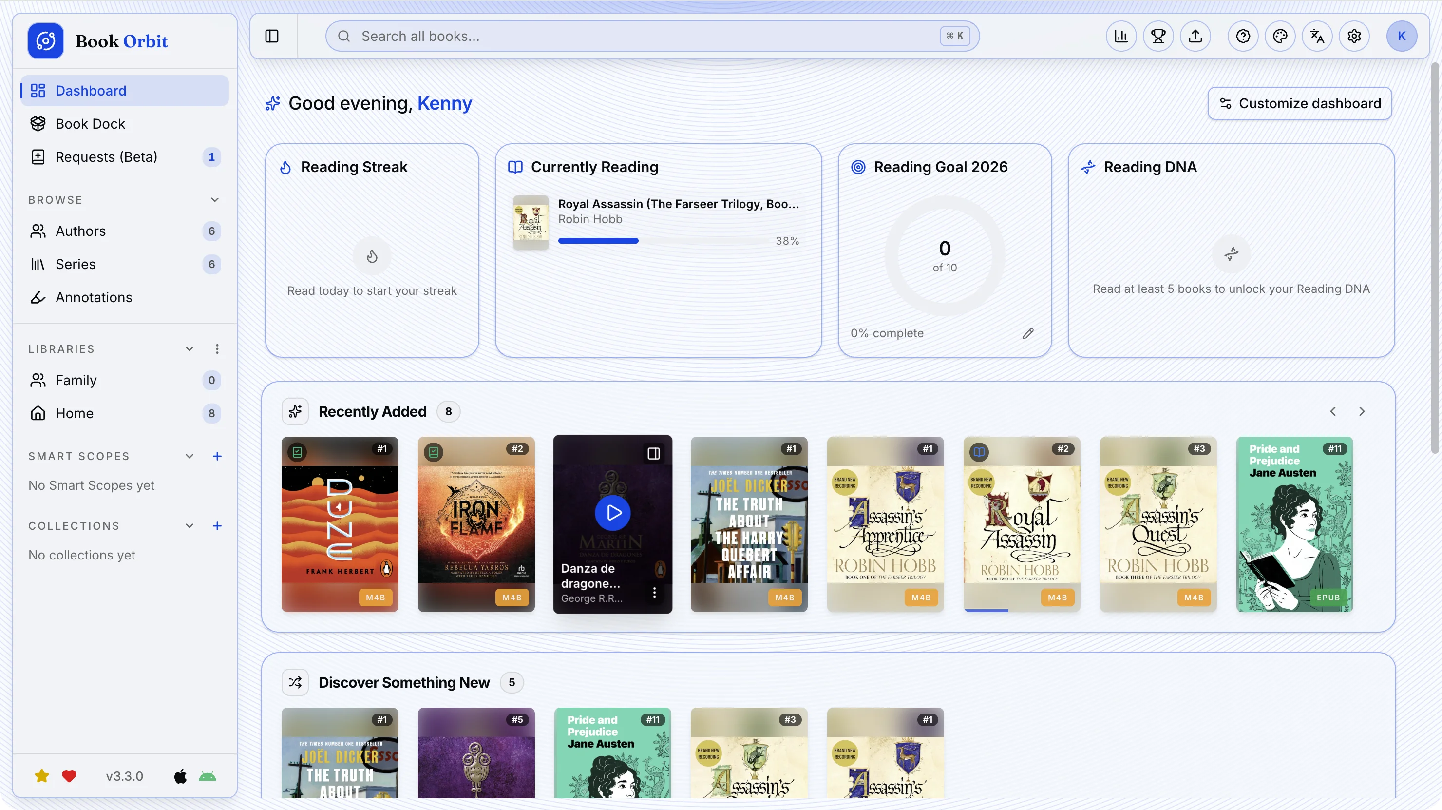 BookOrbit's dashboard: Royal Assassin by Robin Hobb at 38% under Currently Reading, and seven audiobooks plus one ebook under Recently Added