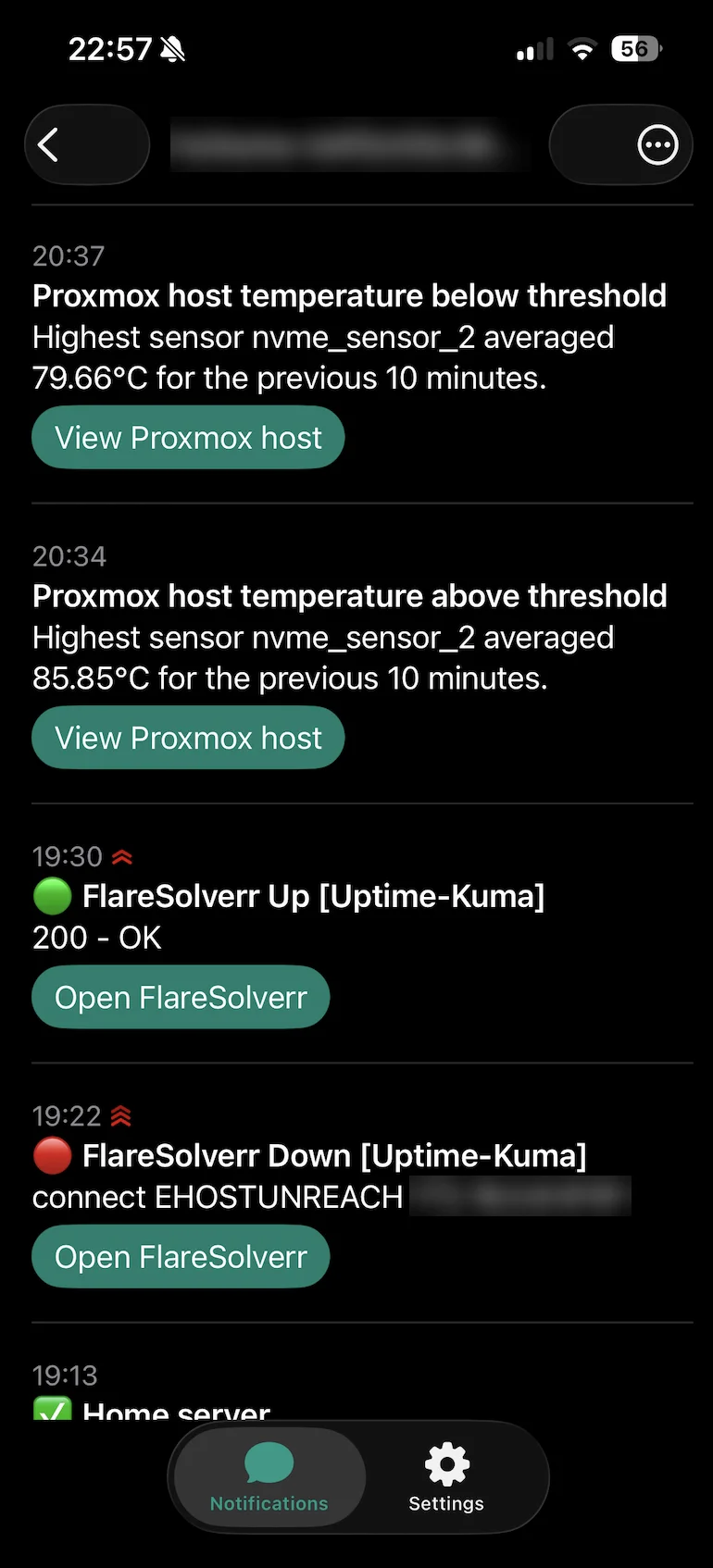 ntfy notifications on a phone: the Proxmox host temperature going above and then below the threshold, and FlareSolverr reported down by Uptime Kuma and up again eight minutes later