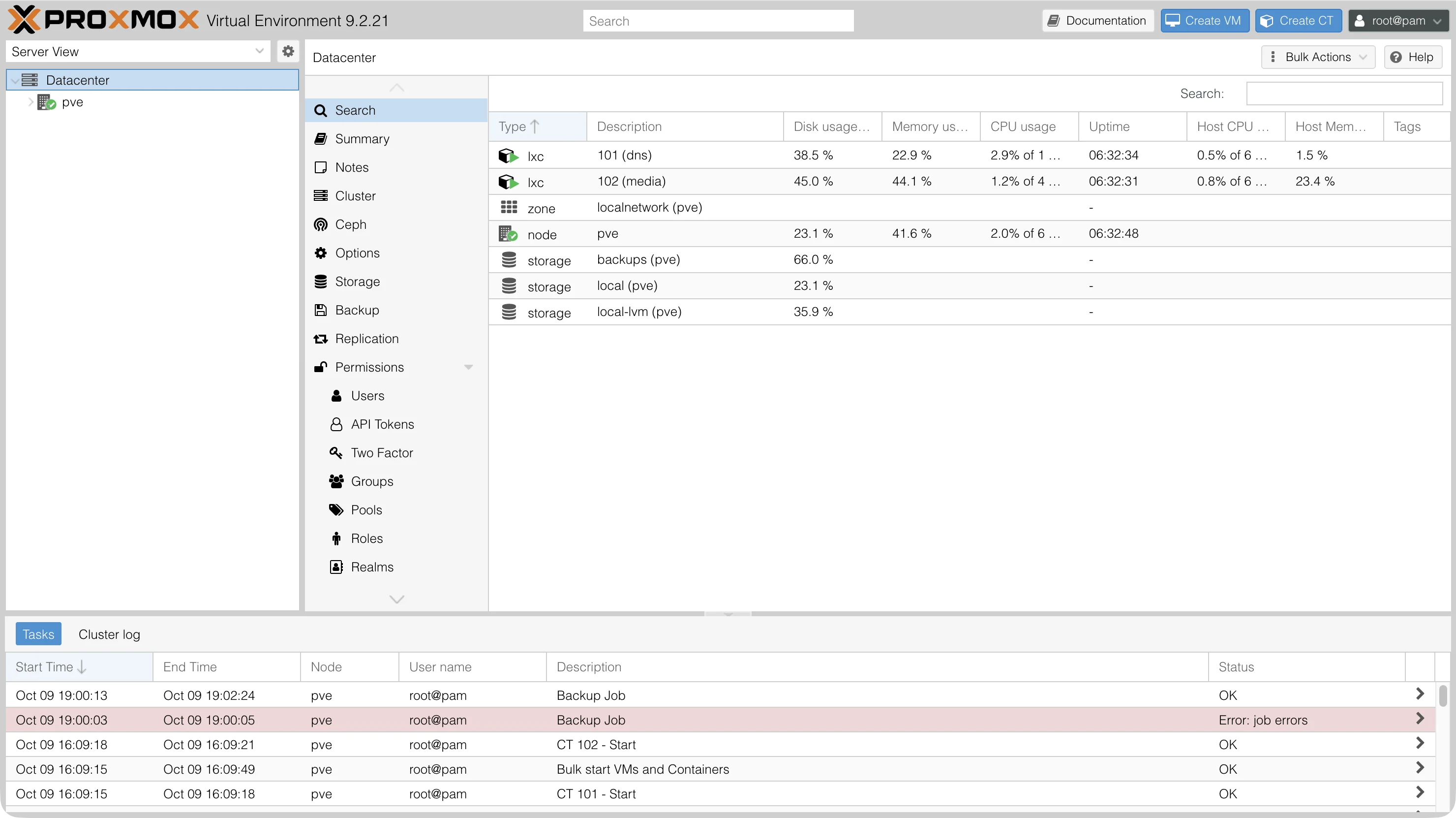 Proxmox's Datacenter view: the dns and media containers and the pve node, and a task log where one backup job ends in an error and the next one, ten seconds later, ends OK