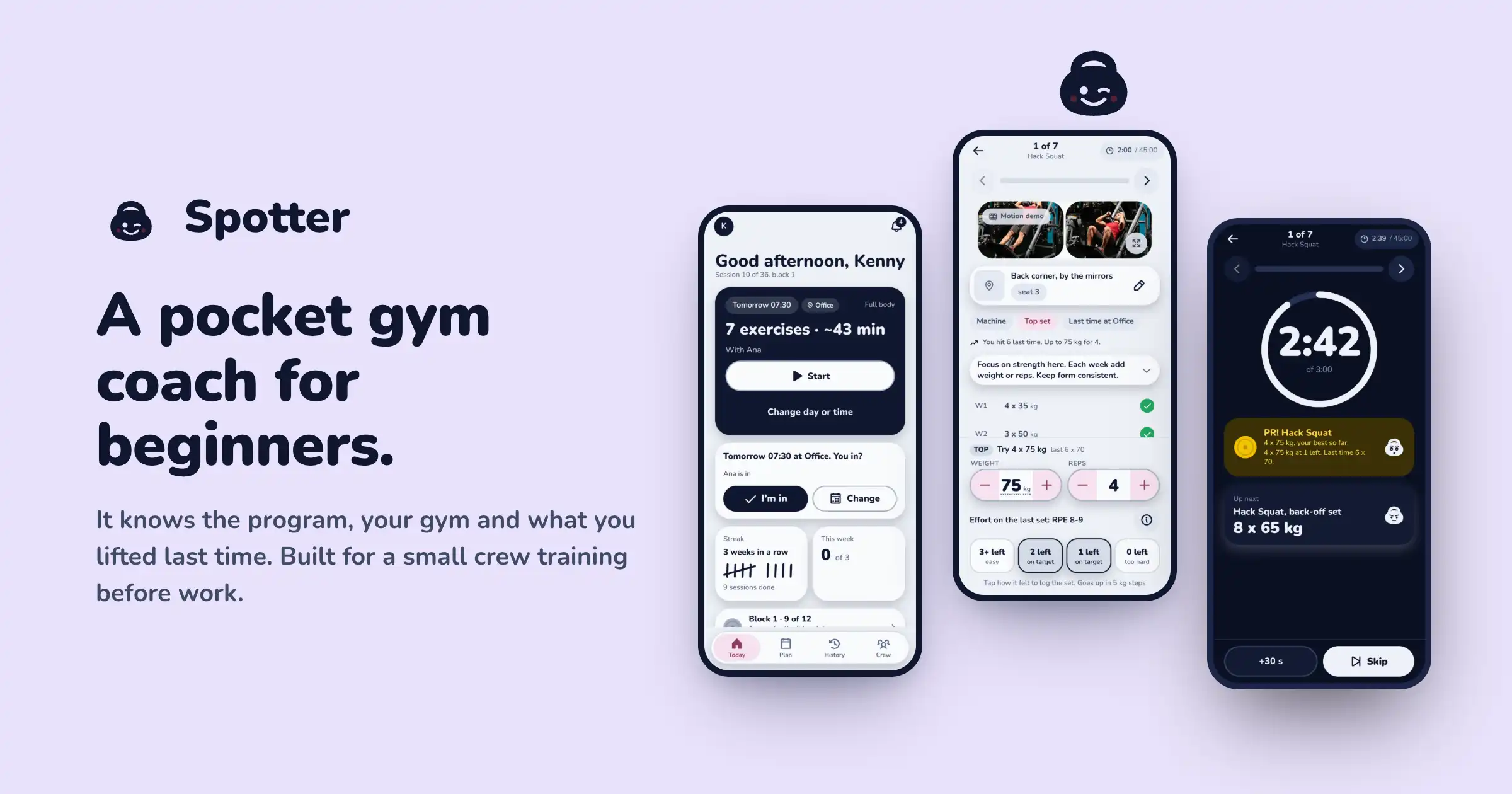 Spotter's header image: a winking kettlebell logo, the line 'A pocket gym coach for beginners', and three phone screens showing the Today view, a Hack Squat exercise card and a rest timer with a new personal record