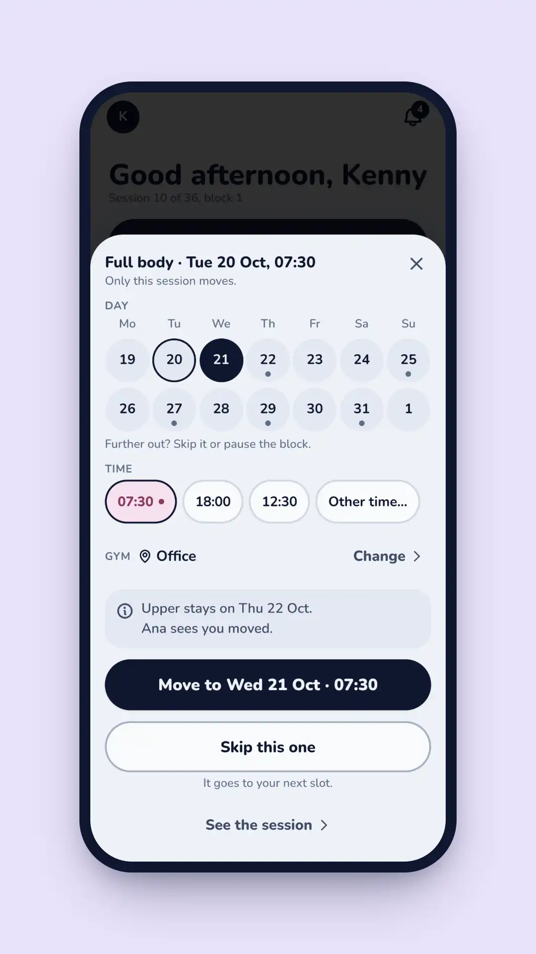 Spotter's change-day sheet for a Full body session on Tuesday 20 October at 07:30: a two-week calendar with Wednesday 21 selected, time options, a note that the Upper session stays on Thursday and Ana sees the move, and a button to move it to Wednesday