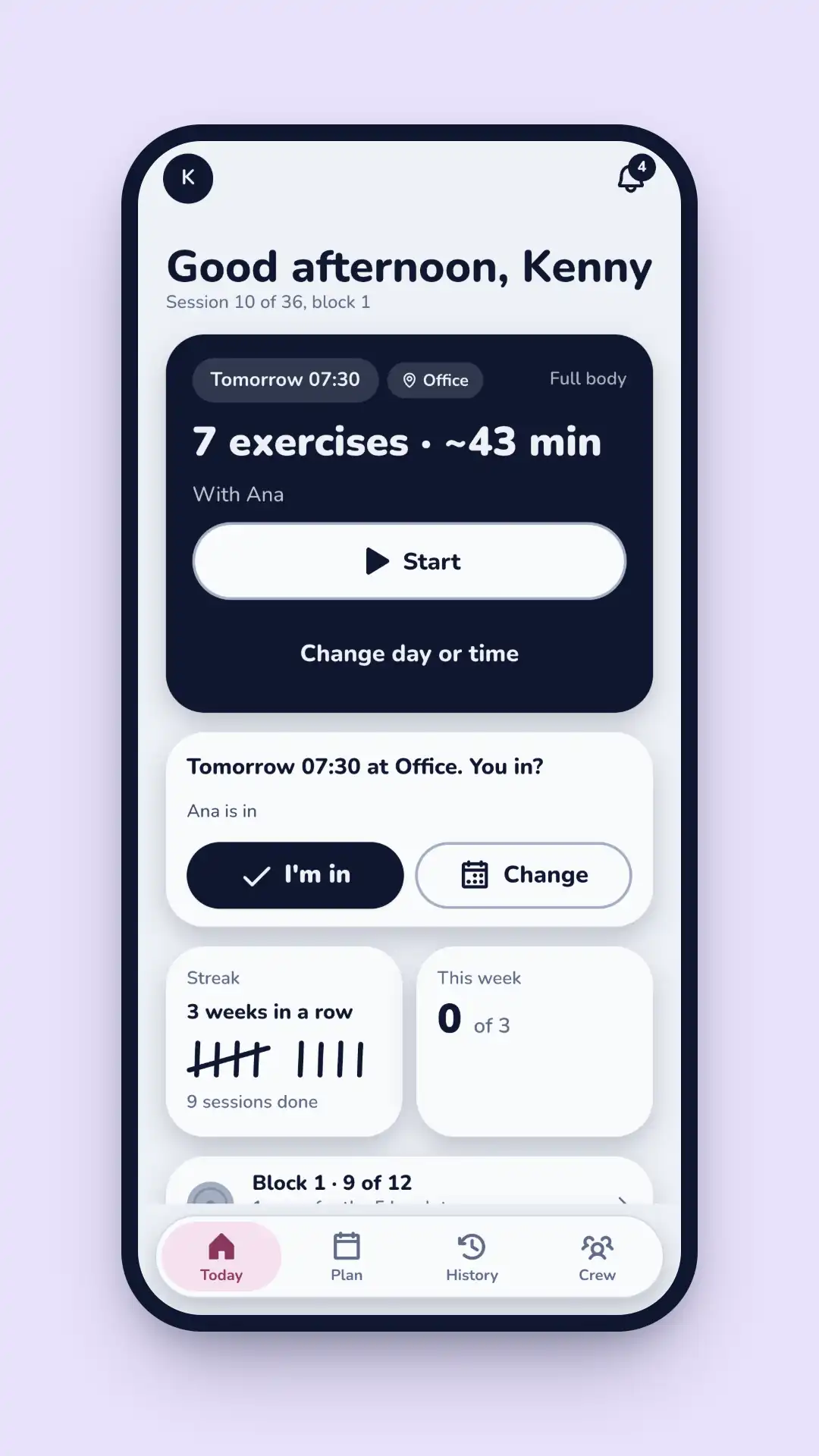 Spotter's Today screen: session 10 of 36, tomorrow at 07:30 at the Office gym, 7 exercises in about 43 minutes with Ana, a Start button, an RSVP card where Ana is already in, and a streak of 3 weeks in a row